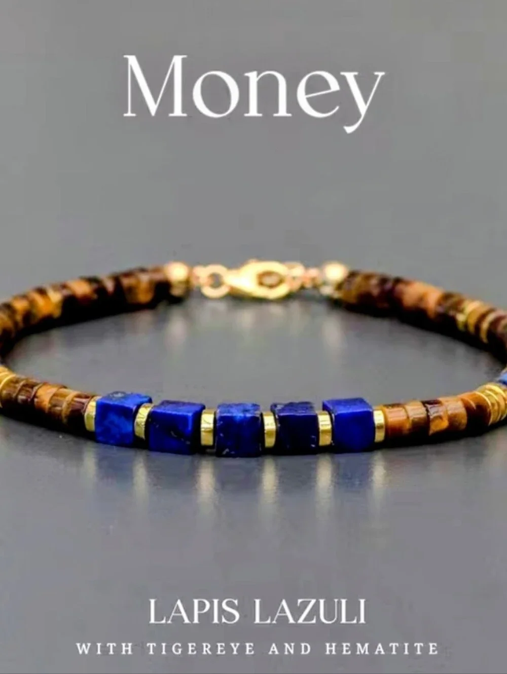 Lapis Lazuli, Tiger Eye & Hematite Beaded Bracelet - Gold Accents NWOT